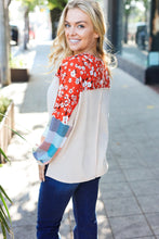 Load image into Gallery viewer, Feeling Femme Oatmeal Plaid Floral Color Block Notch Neck Top