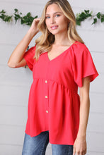 Load image into Gallery viewer, Cherry Red Babydoll Button Down Raglan Woven Top