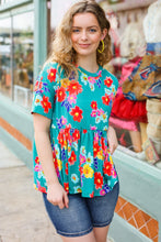Load image into Gallery viewer, Take Me Away Teal Floral Drop Shoulder Babydoll Top
