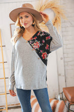 Load image into Gallery viewer, Grey & Black Floral Surplice Button Knit Top