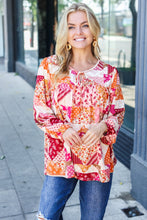 Load image into Gallery viewer, Rust & Magenta Patchwork Print Front Tie Boho Top