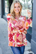 Load image into Gallery viewer, Rust & Magenta Patchwork Print Front Tie Boho Top