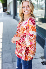 Load image into Gallery viewer, Rust & Magenta Patchwork Print Front Tie Boho Top