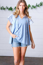 Load image into Gallery viewer, Blue Floral & Stripe V Neck Tie Double Flutter Sleeve Top