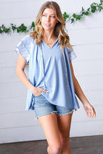Load image into Gallery viewer, Blue Floral & Stripe V Neck Tie Double Flutter Sleeve Top