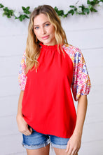 Load image into Gallery viewer, Cardinal Red Frilled Mock Neck Floral Puff Sleeve Top