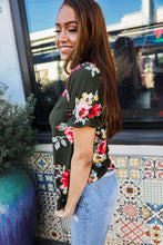 Load image into Gallery viewer, Flower Power Moss Green Floral Print Ruffle Puff Sleeve Top