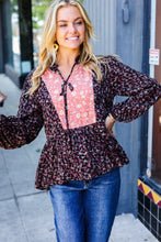 Load image into Gallery viewer, Black Floral Beaded Tie Peasant Woven Blouse