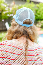 Load image into Gallery viewer, Baby Blue Glitter Smiley Face Mesh Trucker Hat