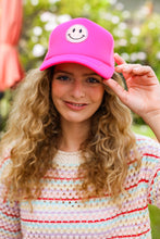 Load image into Gallery viewer, Neon Pink Glitter Smiley Face Mesh Trucker Hat