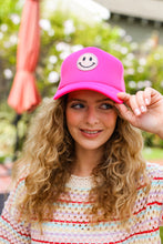Load image into Gallery viewer, Neon Pink Glitter Smiley Face Mesh Trucker Hat