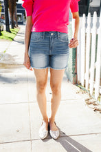 Load image into Gallery viewer, Dark Denim Mid rise raw frayed hem denim shorts