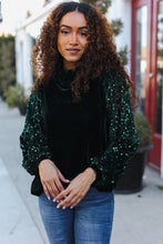 Load image into Gallery viewer, Under the Lights Green Velvet & Sequin Frill Mock Neck Top