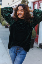 Load image into Gallery viewer, Under the Lights Green Velvet & Sequin Frill Mock Neck Top