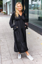 Load image into Gallery viewer, Elegant Black Elastic V Neck Tiered Satin Maxi Dress