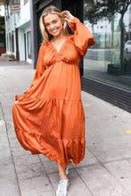 Load image into Gallery viewer, Elegant Rust Elastic V Neck Tiered Satin Maxi Dress