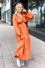 Load image into Gallery viewer, Elegant Rust Elastic V Neck Tiered Satin Maxi Dress