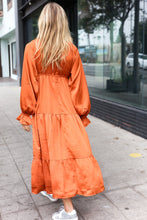 Load image into Gallery viewer, Elegant Rust Elastic V Neck Tiered Satin Maxi Dress