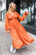 Load image into Gallery viewer, Elegant Rust Elastic V Neck Tiered Satin Maxi Dress
