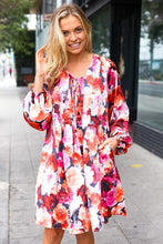 Load image into Gallery viewer, Diva Dreams Coral & Charcoal Floral Tie Neck Pintuck Satin Dress