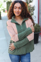 Load image into Gallery viewer, Holiday Vibes Taupe/Green Fleece Zip Up Cinched Hem Pullover