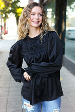 Load image into Gallery viewer, Be Your Best Black Satin Shirred Yoke Frilled Mock Neck Top
