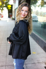 Load image into Gallery viewer, Be Your Best Black Satin Shirred Yoke Frilled Mock Neck Top