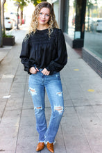 Load image into Gallery viewer, Be Your Best Black Satin Shirred Yoke Frilled Mock Neck Top