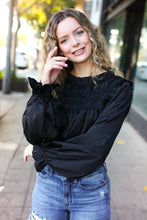 Load image into Gallery viewer, Be Your Best Black Satin Shirred Yoke Frilled Mock Neck Top