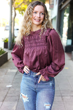 Load image into Gallery viewer, Be Your Best Wine Satin Shirred Yoke Frilled Mock Neck Top