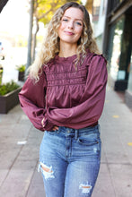 Load image into Gallery viewer, Be Your Best Wine Satin Shirred Yoke Frilled Mock Neck Top