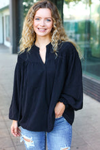 Load image into Gallery viewer, Boho Vibes Black Notched Neck Smocked Bubble Sleeve Top