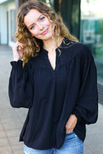 Load image into Gallery viewer, Boho Vibes Black Notched Neck Smocked Bubble Sleeve Top