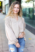 Load image into Gallery viewer, Boho Vibes Taupe Notched Neck Smocked Bubble Sleeve Top