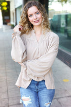 Load image into Gallery viewer, Boho Vibes Taupe Notched Neck Smocked Bubble Sleeve Top