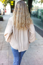 Load image into Gallery viewer, Boho Vibes Taupe Notched Neck Smocked Bubble Sleeve Top
