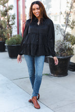 Load image into Gallery viewer, Perfectly You Black Button Down Tiered Babydoll Satin Top