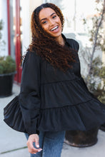 Load image into Gallery viewer, Perfectly You Black Button Down Tiered Babydoll Satin Top