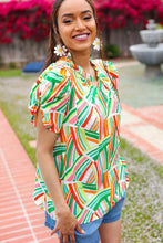 Load image into Gallery viewer, Hello Beautiful Green & Orange Geo Frill Notch Neck Puff Sleeve Top