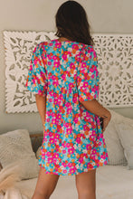 Load image into Gallery viewer, Sky Blue Floral Print Tie Split Neck Bubble Sleeve Babydoll Dress