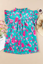 Load image into Gallery viewer, Green Floral Ruffled Flutter Sleeve Ruched Blouse