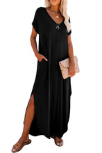 Load image into Gallery viewer, Black V Neck Hidden Pocket Splits Maxi T-shirt Dress