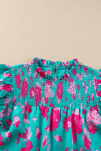 Load image into Gallery viewer, Green Floral Ruffled Flutter Sleeve Ruched Blouse