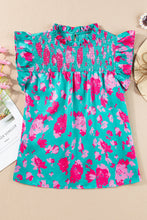 Load image into Gallery viewer, Green Floral Ruffled Flutter Sleeve Ruched Blouse