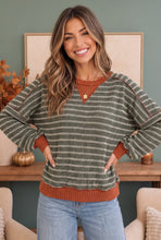 Load image into Gallery viewer, Striped & Cozy Olive Green Pullover Sweater