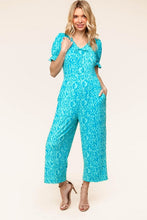 Load image into Gallery viewer, PLUS Spring Vibes Aqua Ikat Print Ruffle Sleeve Wide Leg Jumpsuit