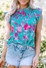 Load image into Gallery viewer, Green Floral Ruffled Flutter Sleeve Ruched Blouse