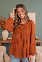 Load image into Gallery viewer, Sipping Apple Cider Tie Neck Blouse