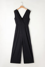 Load image into Gallery viewer, Black Deep V Pleated Crisscross Wide Leg Backless Jumpsuit