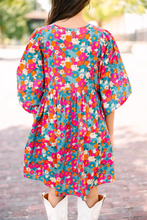 Load image into Gallery viewer, Sky Blue Floral Print Tie Split Neck Bubble Sleeve Babydoll Dress